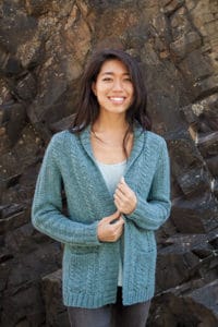 Knit Picks Podcast Tantalizing Tweed, Straight and Arrow Cardigan, cabled sweater knitting pattern