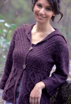 Knit Picks Podcast Tantalizing Tweed, Calluna Cardigan, feminine cabled sweater tweed knitting pattern