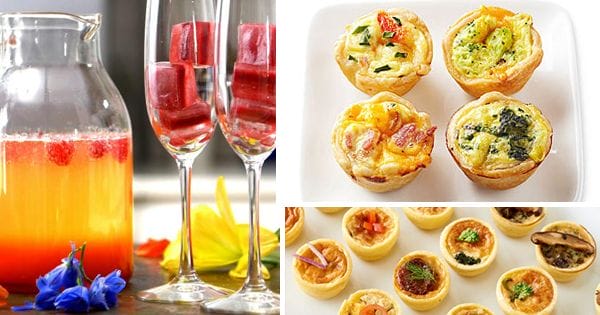 Collage of Raspberry Sunrise Mimosas and mini quiches