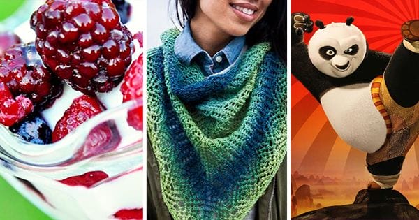 Collage of a yogurt parfait, the caterpillar shawlette from Knit Picks, and the Kung Fu Panda movie poster.