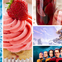 Collage of a closeup of the sugar twist cowl, Strawberry Cupcakes, Strawberry Berryoska, Horizon Zero Dawn illustration, and Star Trek Voyager picture with the cast members lined up.