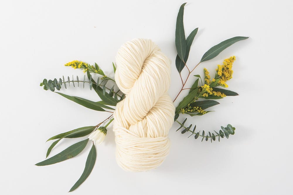 A hank of undyed yarn laying on some greenery