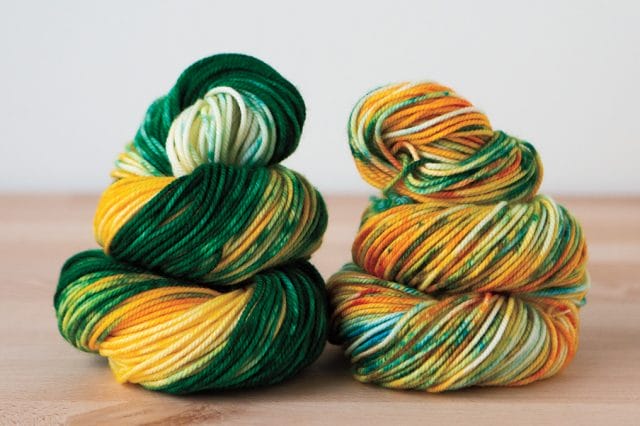 2 skeins green/orange dyed Bare Superwash Merino Twist yarn