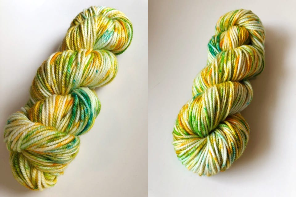 green/yellow/orange dyed Bare Superwash Merino Twist yarn