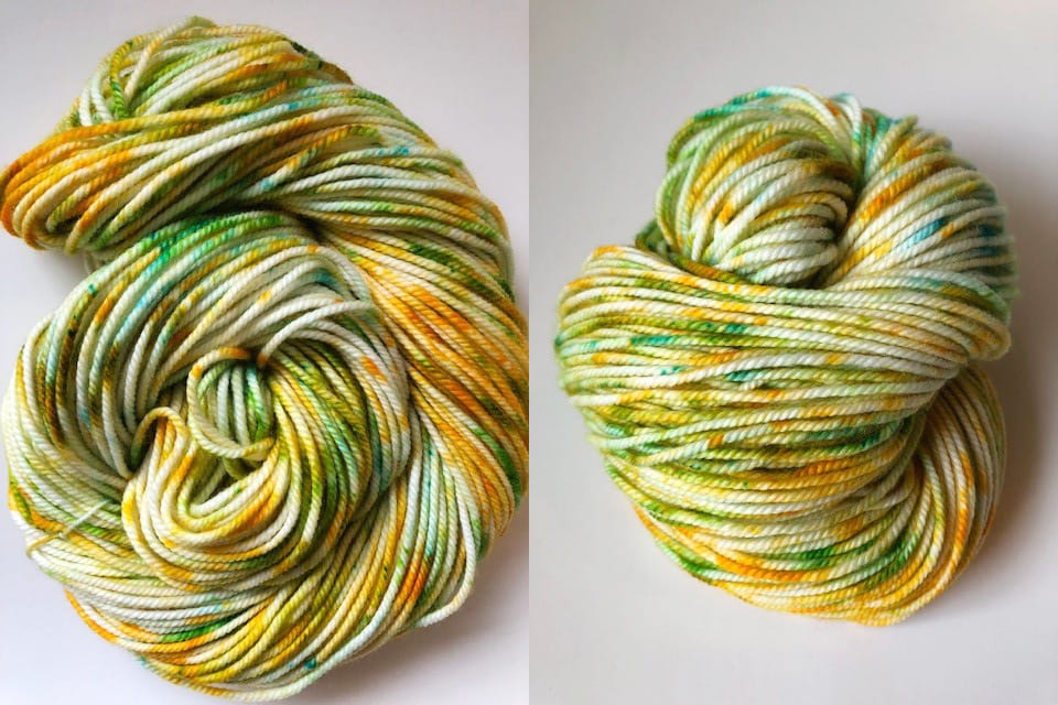 green/yellow/orange dyed Bare Superwash Merino Twist yarn