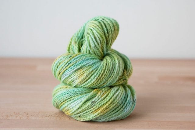 light blue/green/orange dyed Woodland Tweed yarn