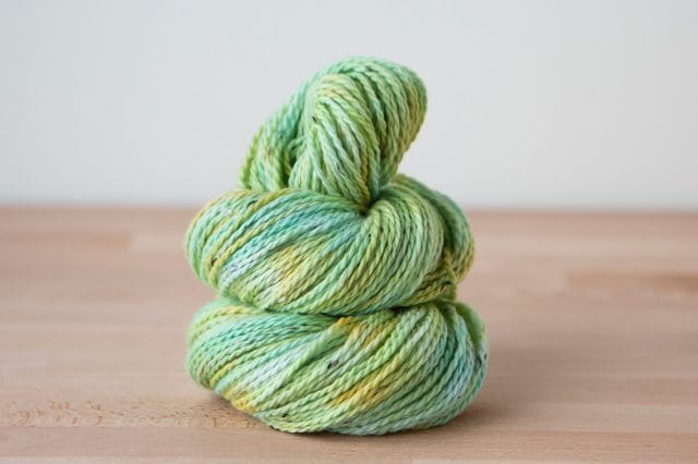 light blue/green/orange dyed Woodland Tweed yarn