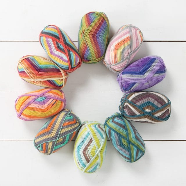 Skeins of all ten new Felici colors, arranged in a circle