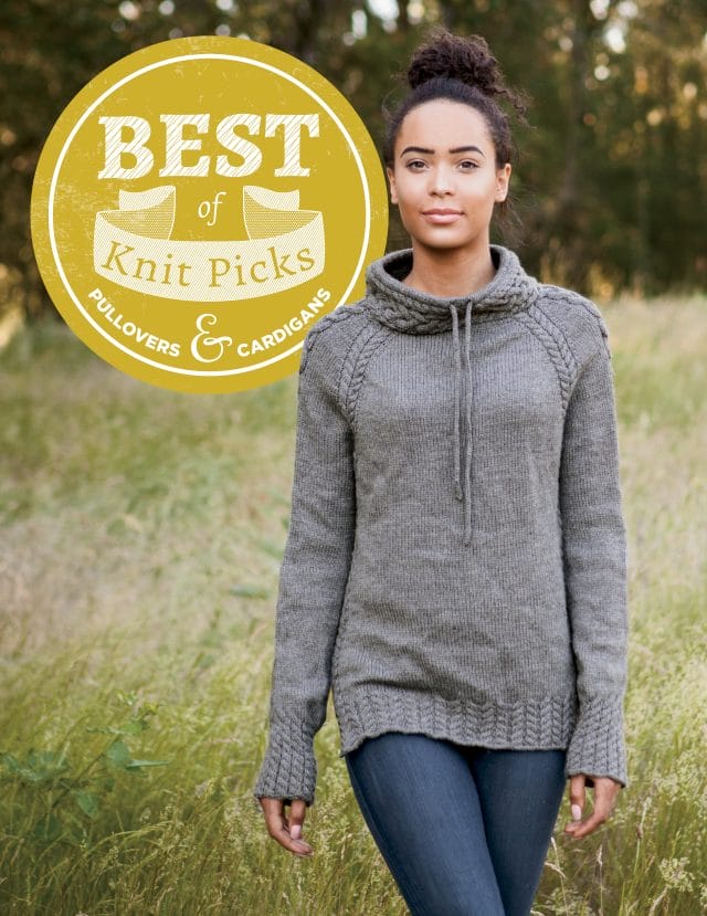 The Harley Pullover featured on the Best of Knit Picks: Pullovers and Cardigans book. A model is shown standing in a field, wearing a gray pullover sweater.
