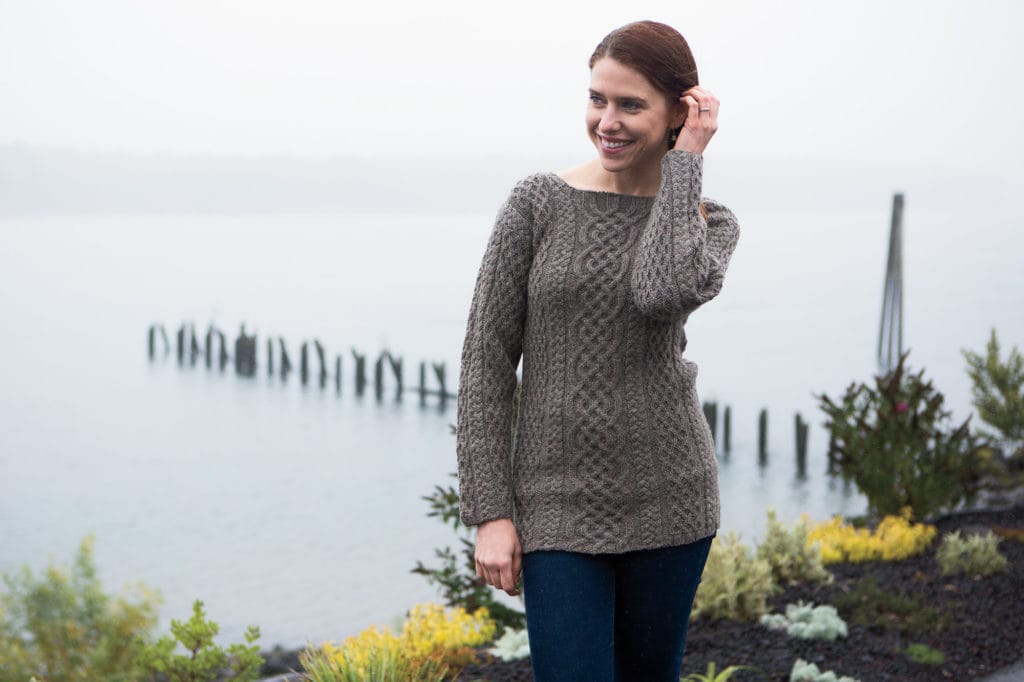 Model wearing Claire Slade's Plaiter Sweater design