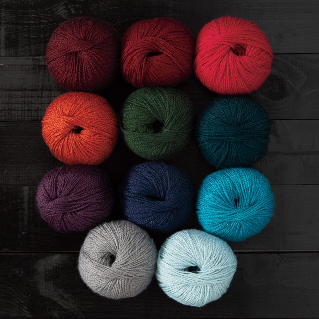 11 colorways of Knit Picks Galileo yarn.