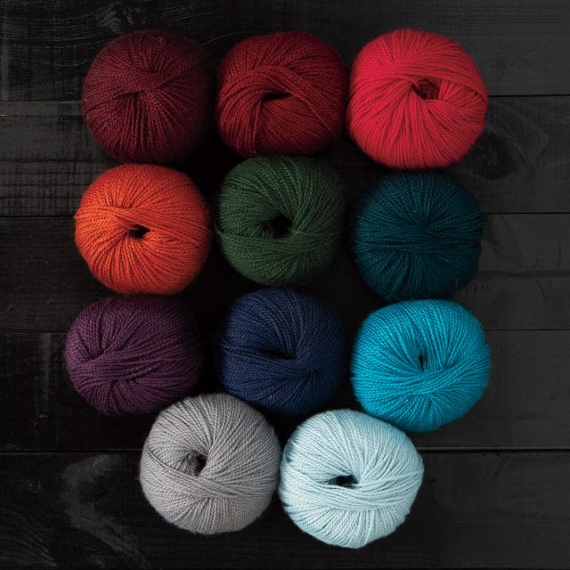 11 colorways of Knit Picks Galileo yarn. 