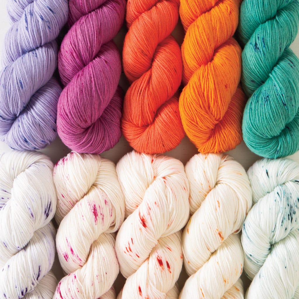 10 colorways of Knit Picks' Stroll Speckle Sock Labs.