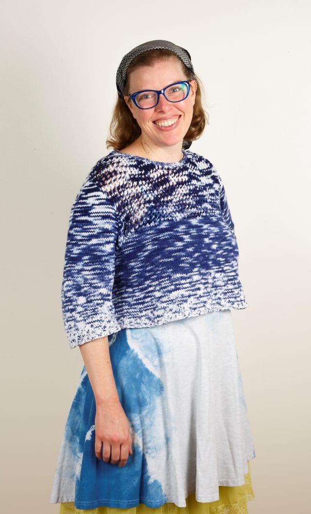 Knit Picks staff project sweater, knit in CotLin Reflections yarn.