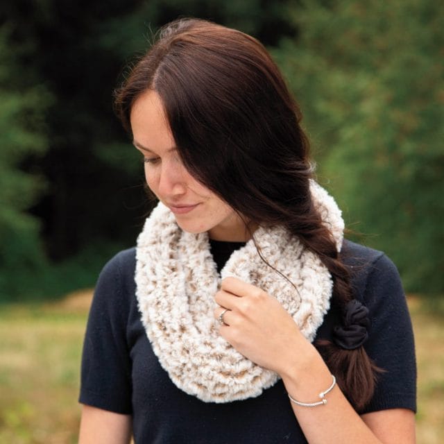 Free pattern—Ephemeral Cowl knit in Fable Fur, a new faux-fur yarn from Knit Picks.