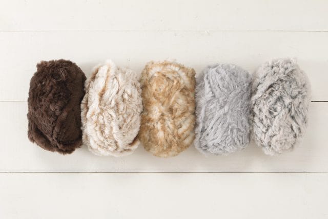 5 colors of Knit Picks' Fable Fur, a premium acrylic faux-fur yarn.