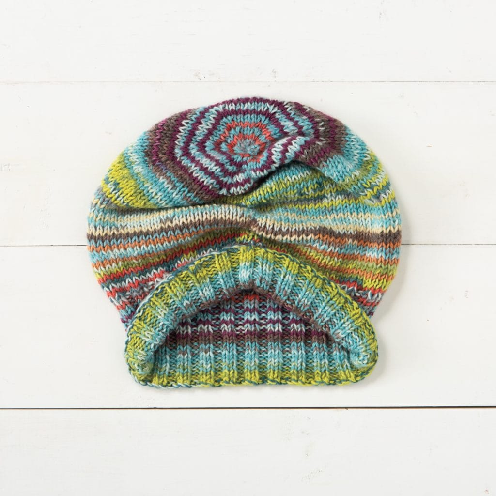 Scant Hat by Lee Meredith knit in Felici sock yarns.