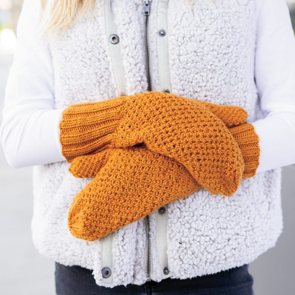 Beehive Mittens knit in Gold Rush color of Twill yarn.