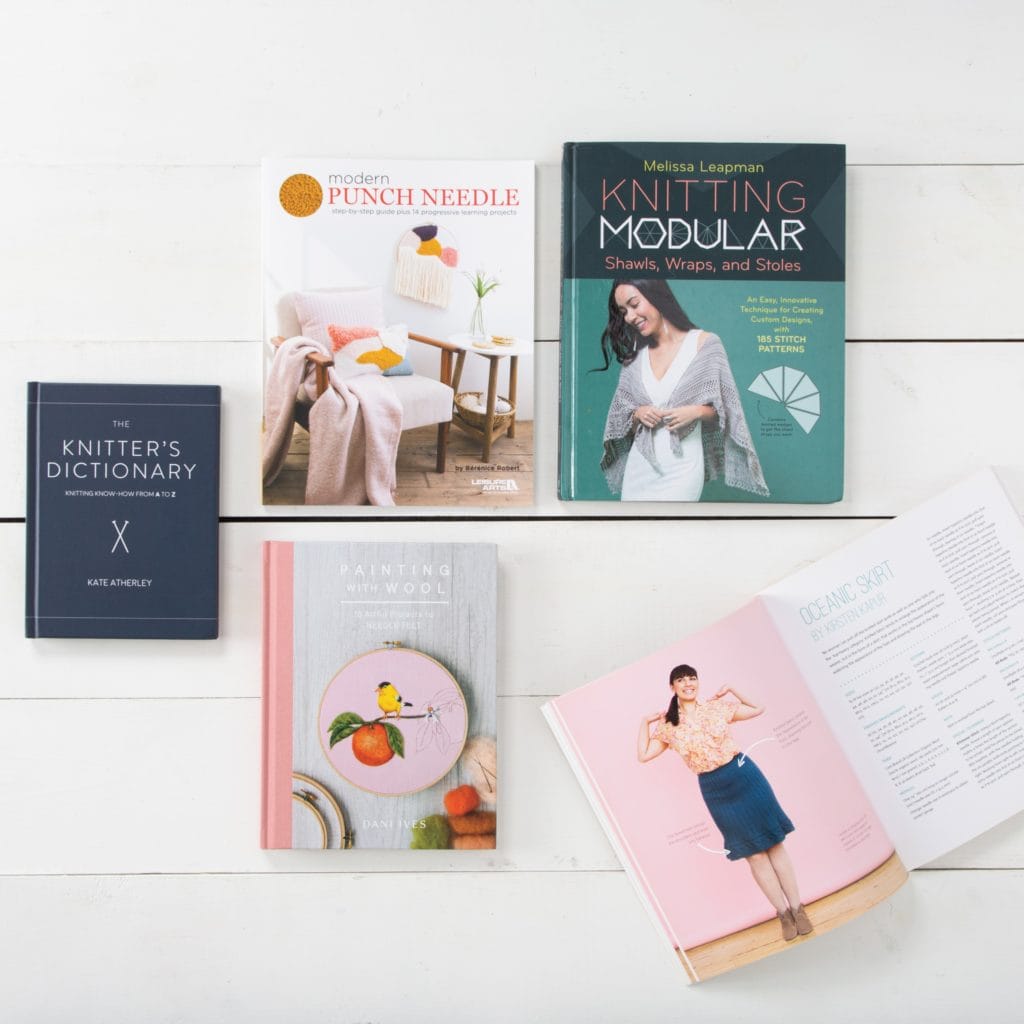 Knitting and fiber-craft related books.