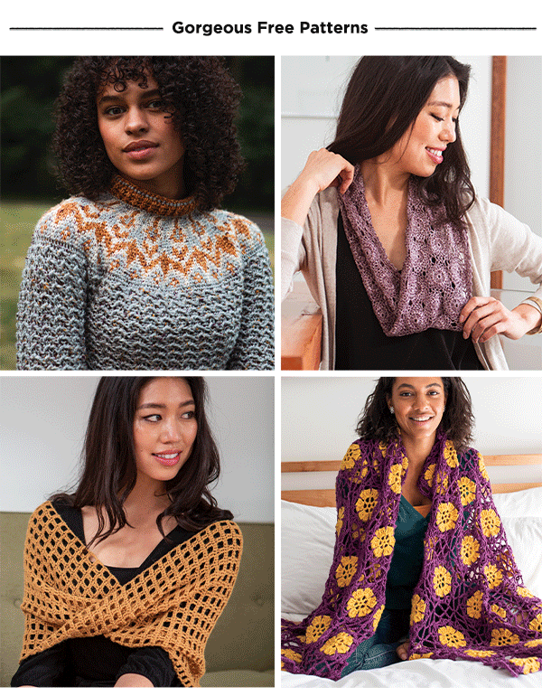 An animated GIF that shows a rotating selection of WeCrochet patterns, from sweaters to shawls to blankets.
