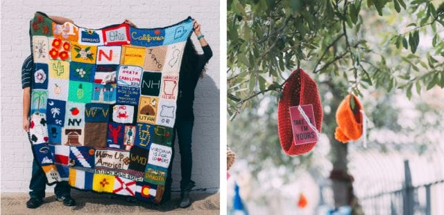 Left: An image of a group holding up a finished afghan for Warm Up America. Right: Hats hang in trees with tags that say "take me, I'm yours."