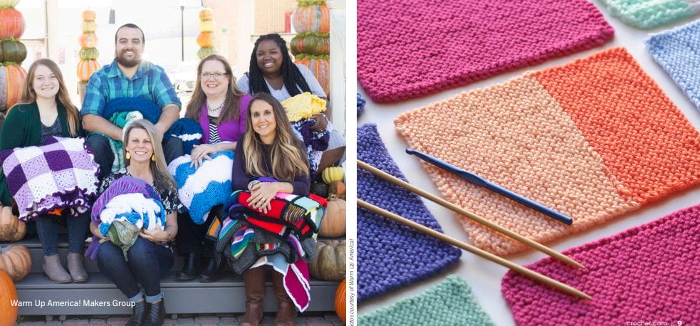 Left: A group of 6 people, the office staff for Warm Up America. Right: a display of 7x9" knitted rectangle panels.