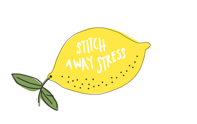 An illustration of a lemon with leaves with text on it that says "Stitch Away Stress"
