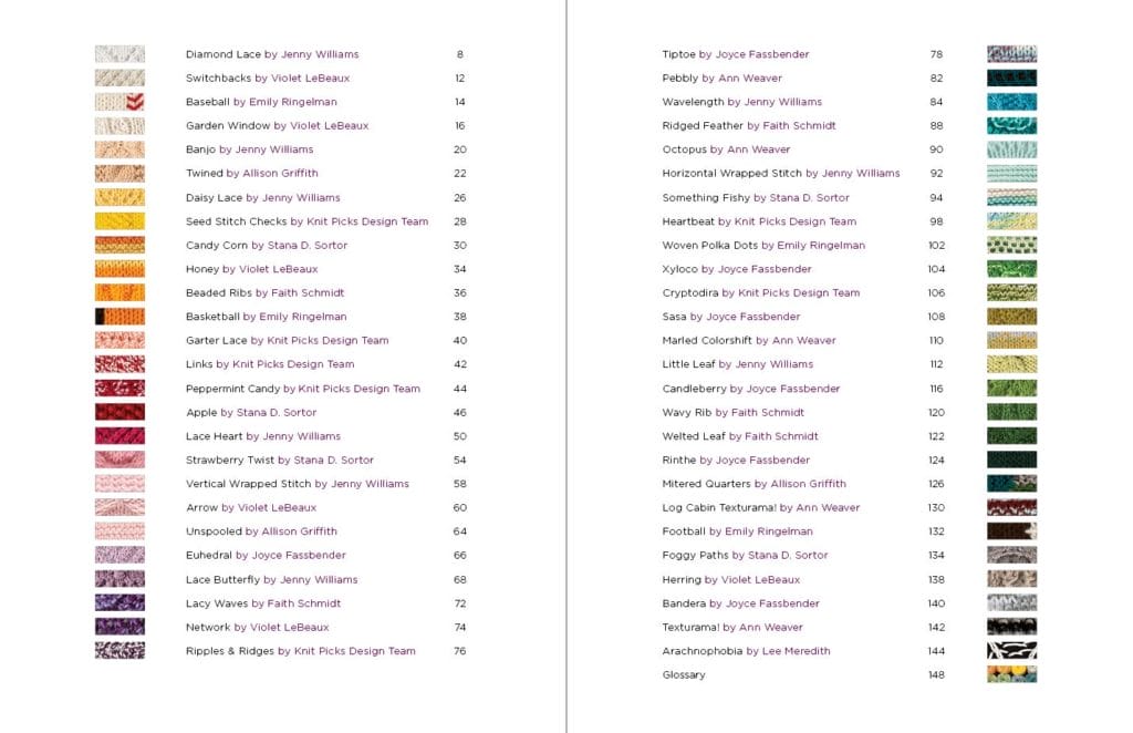 A photo of the book's table of contents. Each pattern name is accompanied by a thumbnail swatch of its stitch pattern.