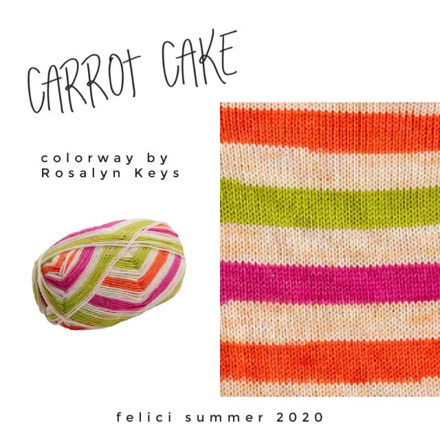 Text that says: "Carrot Cake, colorway by Roz Keys, felici summer 2020" on a white background with a ball of Carrot Cake Felici, next to a knitted swatch of the same yarn. Colors are yellow alternating with orange, green, and hot pink.