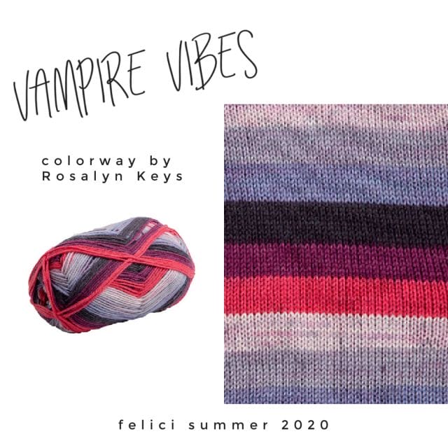 Text that says: "Vampire Vibes, colorway by Roz Keys, felici summer 2020" on a white background with a ball of Vampire Vibes Felici, next to a knitted swatch of the same yarn. Colors are bright red, violet, dark purple, and light purple.