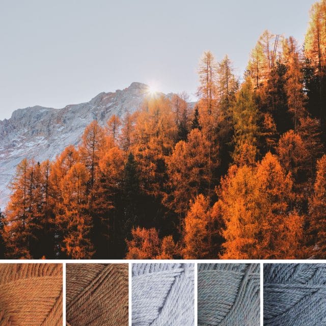 An autumn color palette: At the top, the inspiration photo consists of a snowy mountain peak behind a hill covered in blazing orange-leaved trees. Below, five yarn swatches from Wool of the Andes in the following colors: burnt orange, orangey-brown, light clear blue, medium foggy blue, and a slate blue.