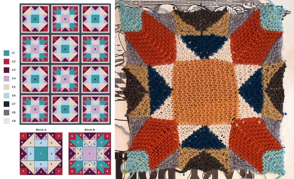 Left: Traditions full blanket layout diagram and individual blocks construction diagrams; Right: one block knit in different colors from the sample blanket/diagram