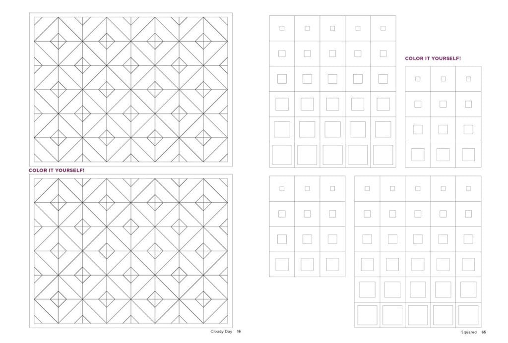 Left: Cloudy Day Color-It-Yourself page; Right: Squared Color-It-Yourself page