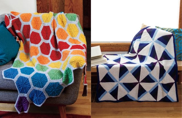 Left: Rainflake (a rainbow colored hexagon blanket); Right: Pinwheels for Billy (a knitted blanket with a pinwheel-esque motif.)
