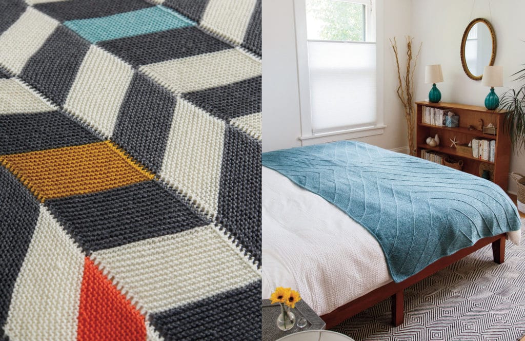 Left: Flash Forward (a herringbone patterned knitted blanket in a modern color scheme); Right: Joinery (A monochrome blanket with a textured chevron pattern on it)