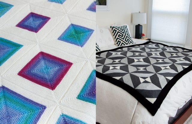 Left: Squared (squares with colorful centers outlined in white); Right: Cloudy Day (a knitted blanket with a geometric quilt pattern in grays and white)