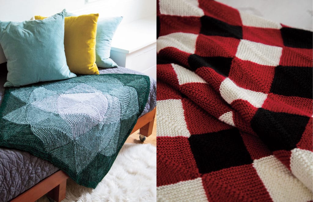Left: Flower Waves (a knitted blanket with a large geometric flower shape on the front, in shades of green); Right: Buffalo (A buffalo check knitted blanket in red, black, and white)