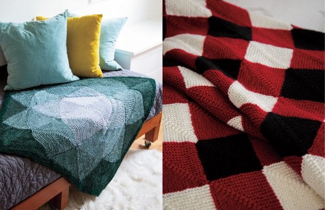 Left: Flower Waves (a knitted blanket with a large geometric flower shape on the front, in shades of green); Right: Buffalo (A buffalo check knitted blanket in red, black, and white)