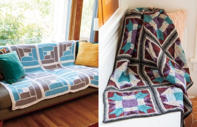 Left: Outline (a quilt block-inspired knitted blanket made in blue, gray, and cream); Right: Traditions (a quilt block-inspired blanket made with tweedy yarns in a farmhouse style)