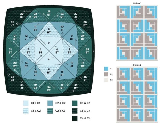 Left: Flower Waves construction diagram; Right: Outline blanket block layout diagrams for two options