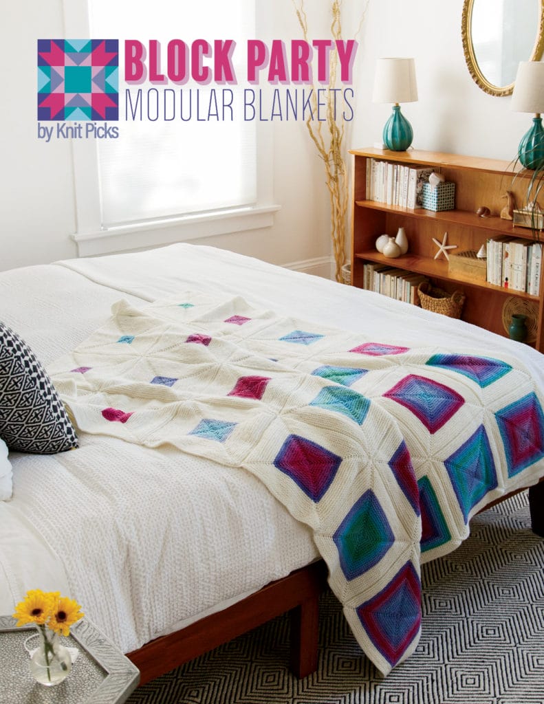 Block Party: Modular Blankets by Knit Picks book cover: An image of a knitted blanket draped on the foot of a bed.