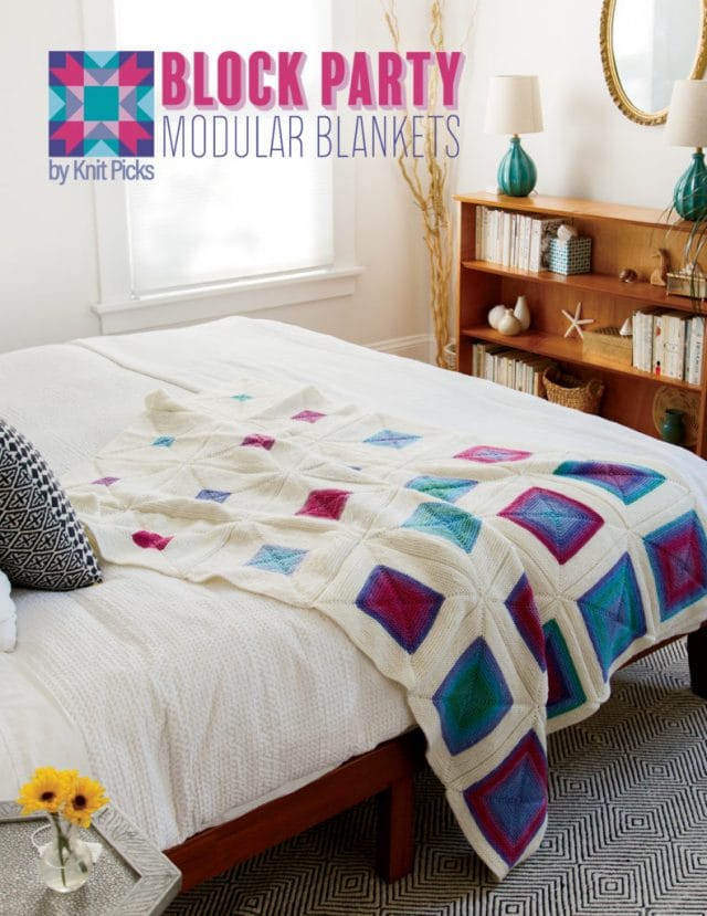 Block Party: Modular Blankets by Knit Picks book cover: An image of a knitted blanket draped on the foot of a bed.