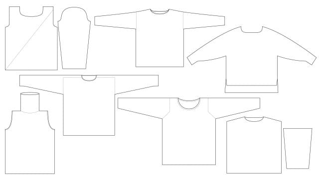 Schematic drawings for several sweaters in the collection