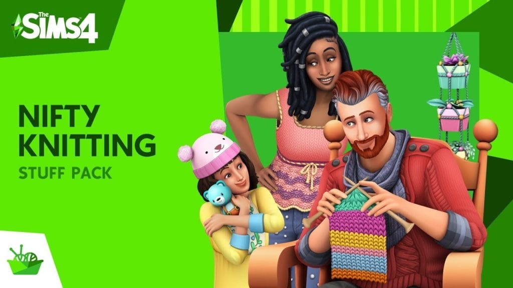A Sims 4 Nifty Knitting graphic featuring a family wearing knitted items they've made.
