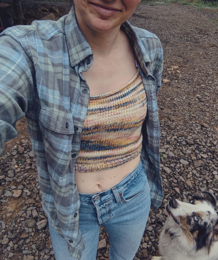 Hillary wears a multicolored knitted crop top while her dog looks on (and is not amused)