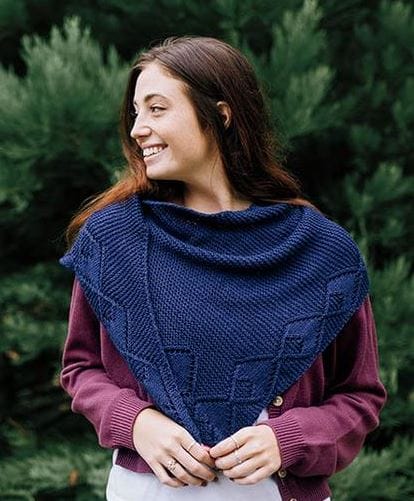Free pattern, the Diamond Rain Shawl, a dark blue triangular shawl knit in luxury yarn