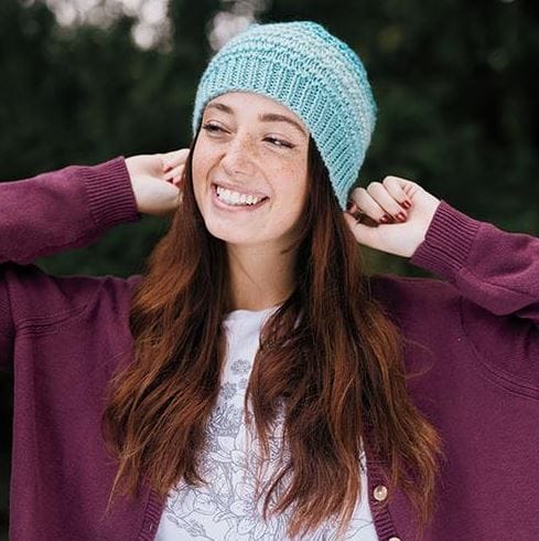 Free pattern, the Wave Pool Beanie, knit in blue bulky weight yarn