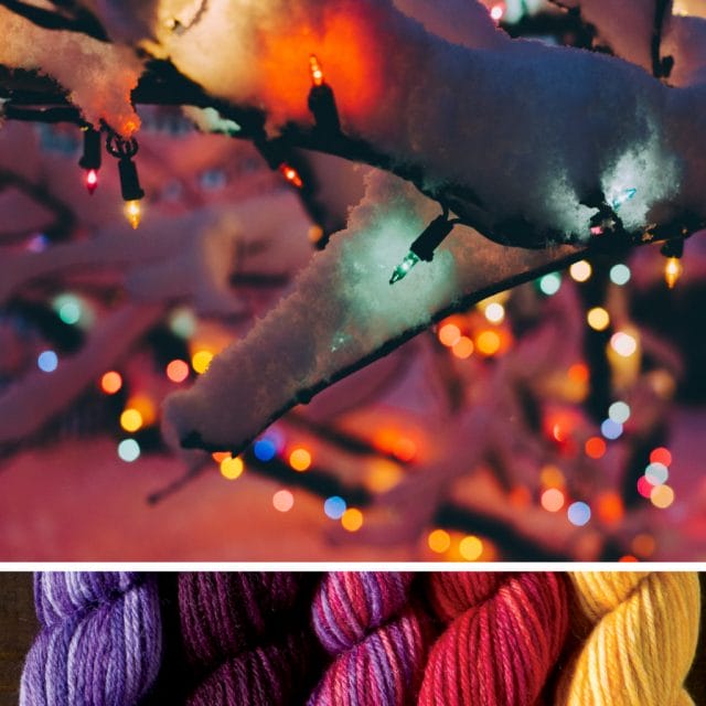 A snowy branch covered in twinkle lights, accompanied by a yarn color palette of lavender, black cherry, party pink, bright red, and warm yellow.