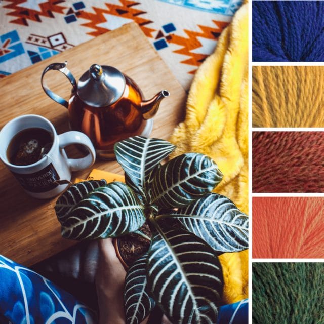 A top-down view of a person holding a plant with a wooden tea tray with a nearby fuzzy blanket. Yarn color palette is: royal blue, mustard yellow, rust red, pink grapefruit, and ivy green.