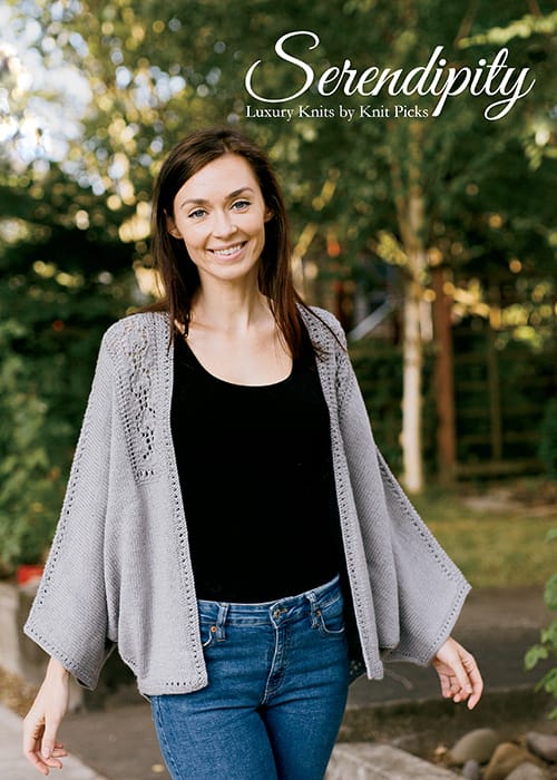 A model wears a knitted kimono for the cover of Serendipity: Luxury Knits by Knit Picks.